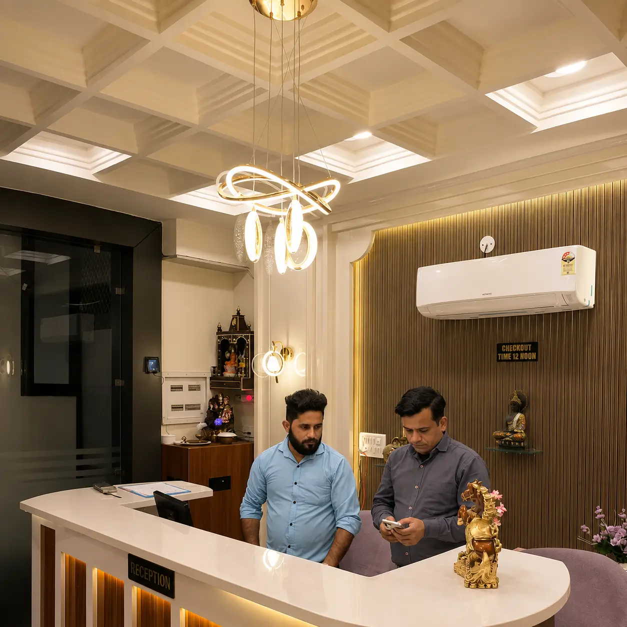 Hotel staff at front desk reception